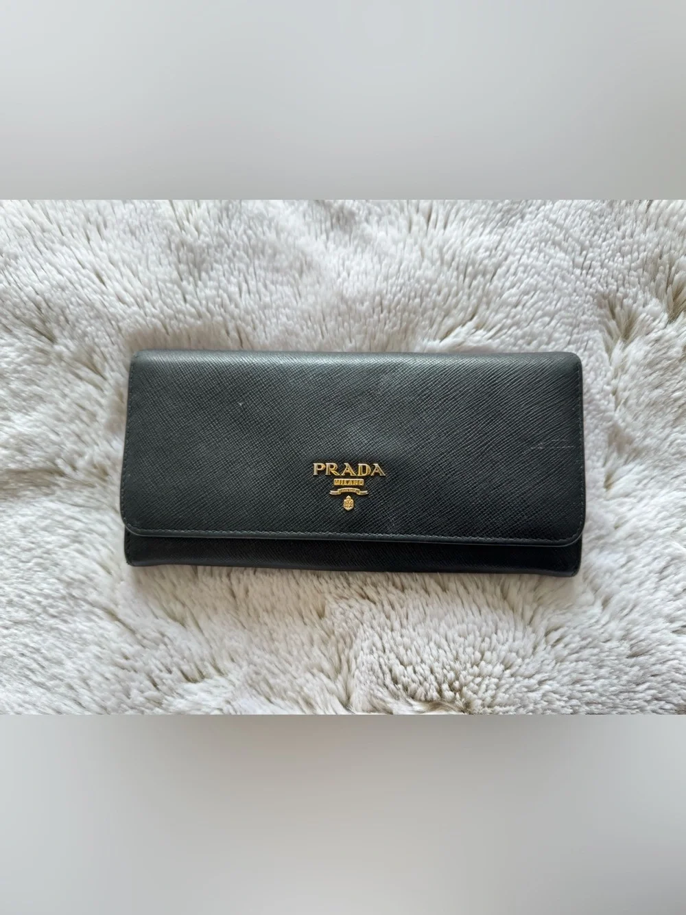 Vintage Prada Black Saffiano Leather Continental Wallet with Gold Logo